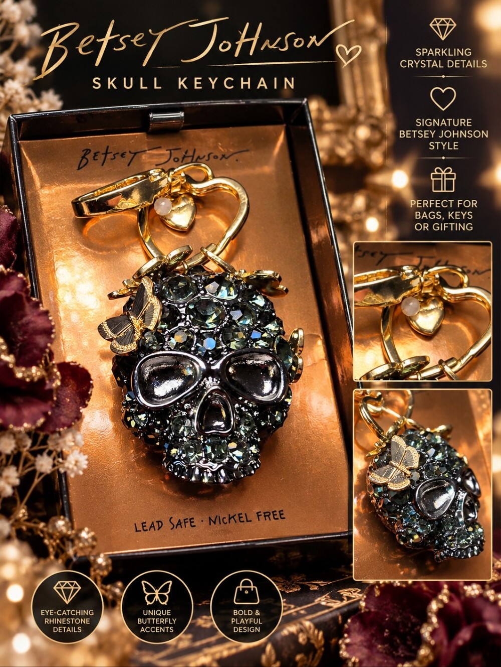 💀 New! Betsey Johnson Black Skull Rhinestone Bag Charm/Key Ring